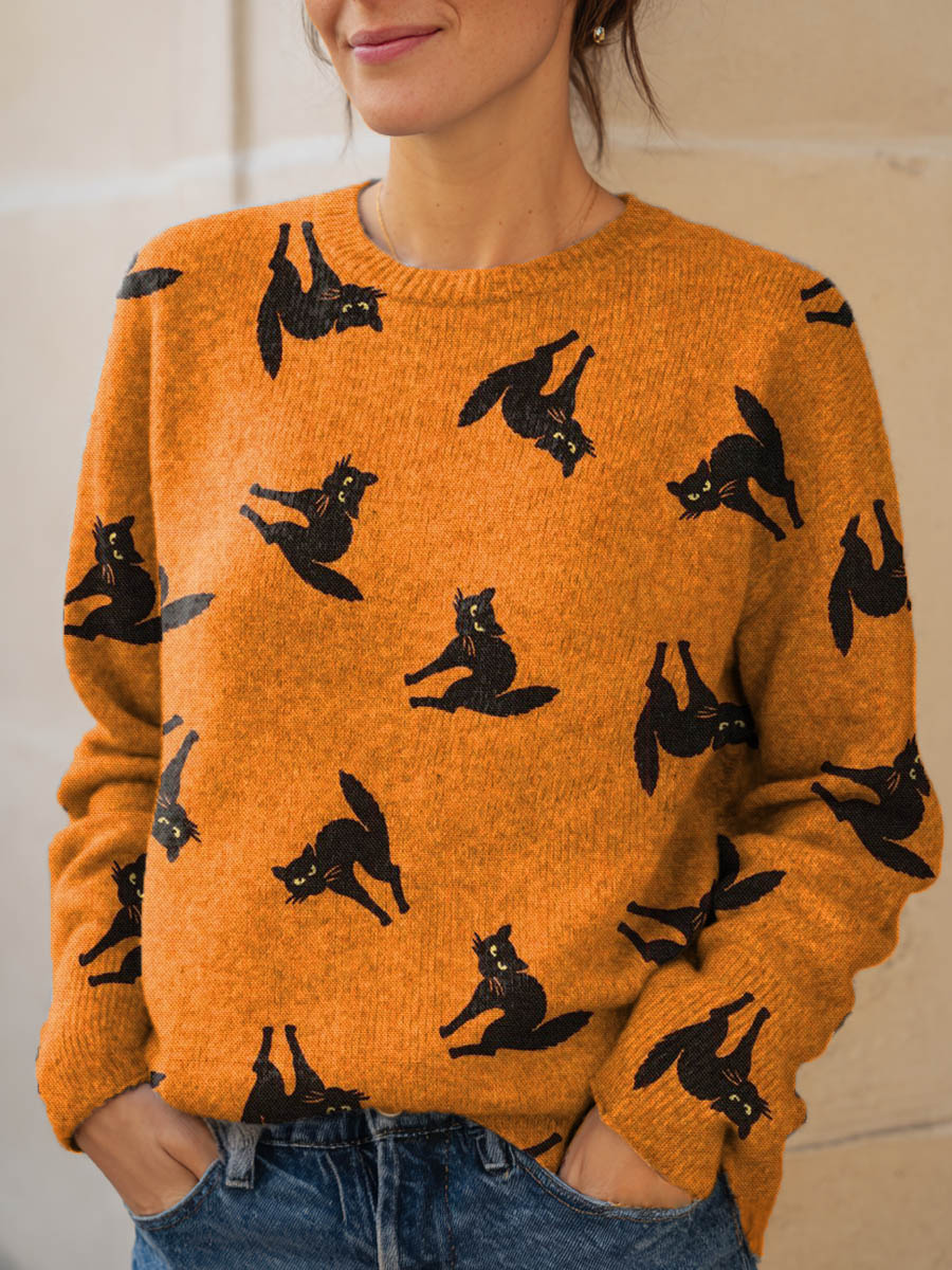 womens-lovely-halloween-cats-art-print-knit-pullover-sweater