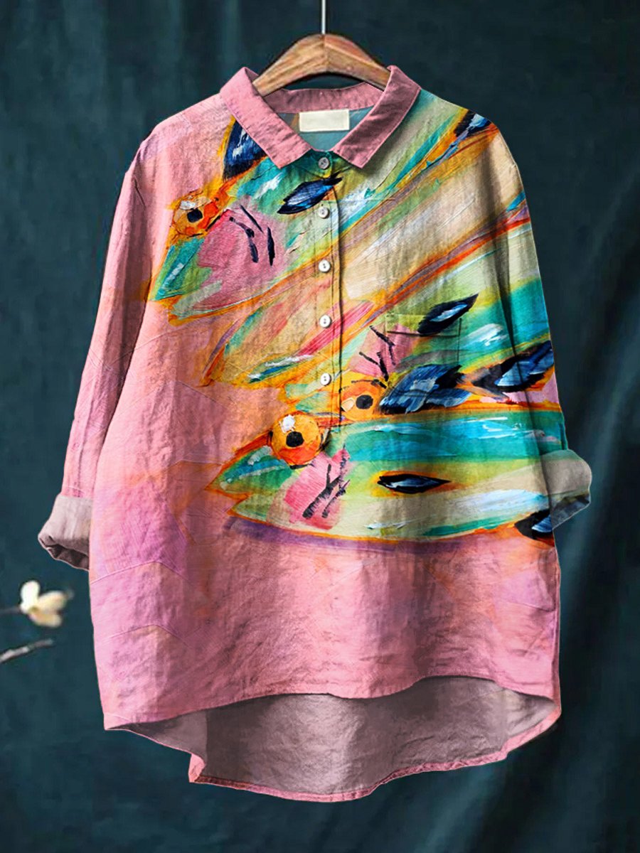 Women's Pink Blue Fish Print Casual Cotton And Linen Shirt