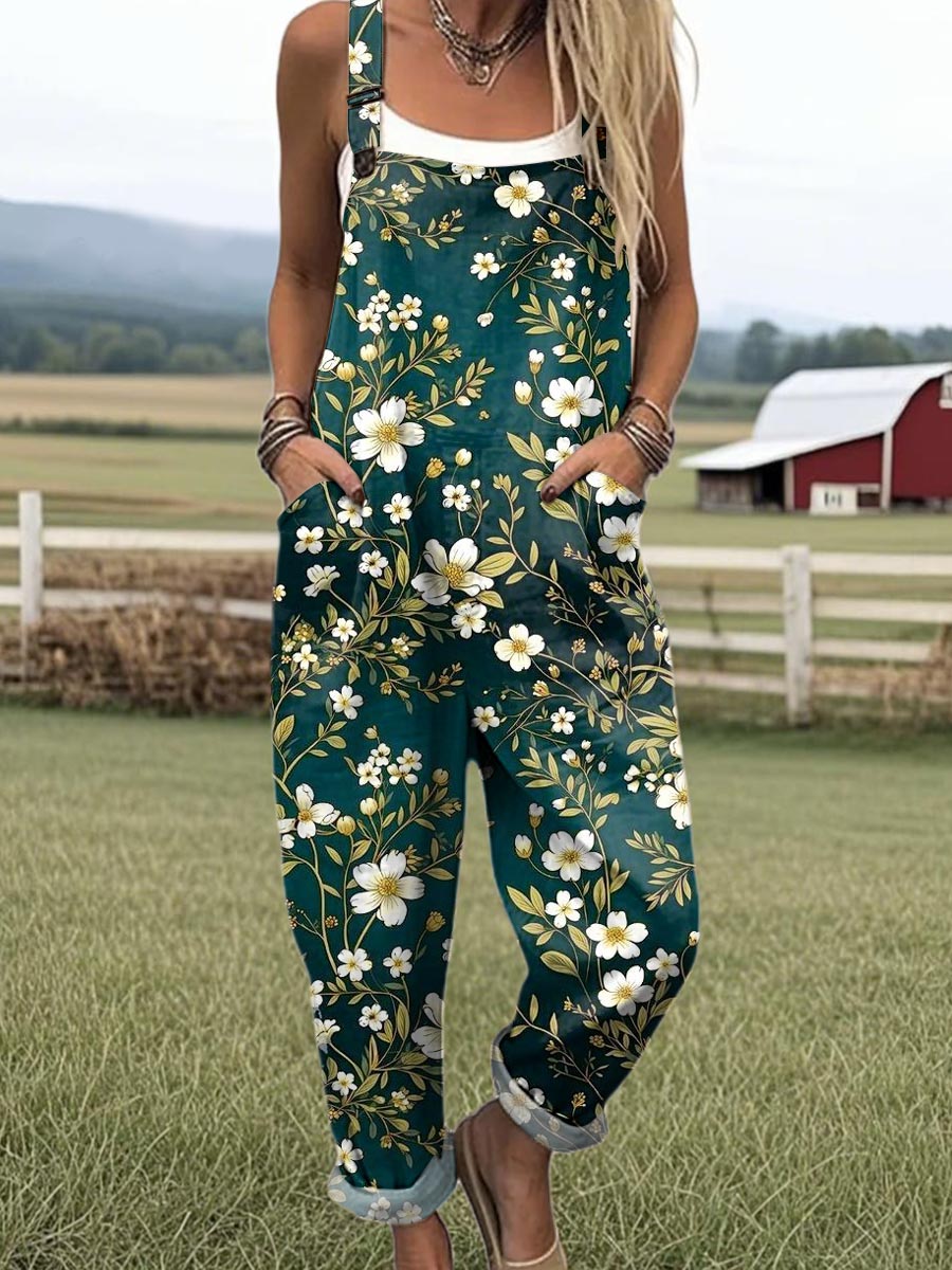 Women's Lovely Floral Art Print Casual 100% Cotton Wide Leg Jumpsuit