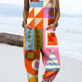 Women's Colourful Art Abstract Geometry Print Casual 100% Cotton Wide Leg Jumpsuit