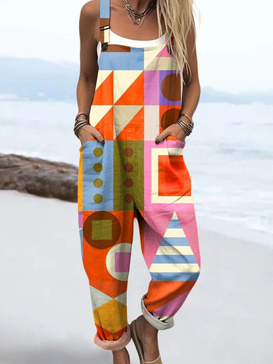 Women's Colourful Art Abstract Geometry Print Casual 100% Cotton Wide Leg Jumpsuit