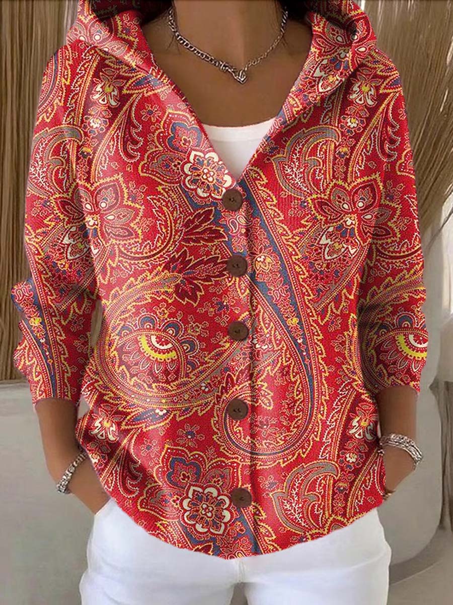 Women's Vintage Floral Pattern Art Printed Casual Hooded Button Sweater