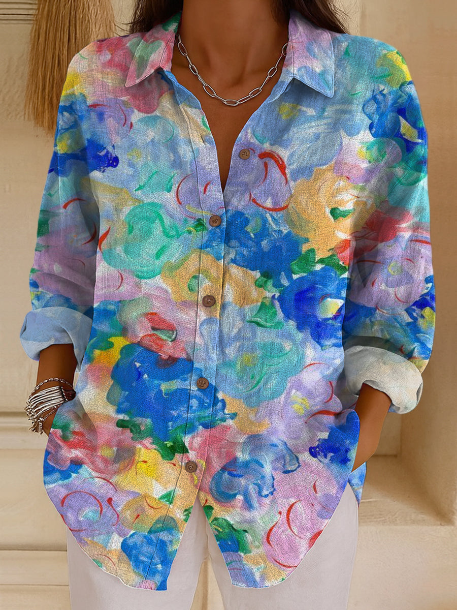 Women's Oil Painting Flowers Print Casual Cotton Shirt