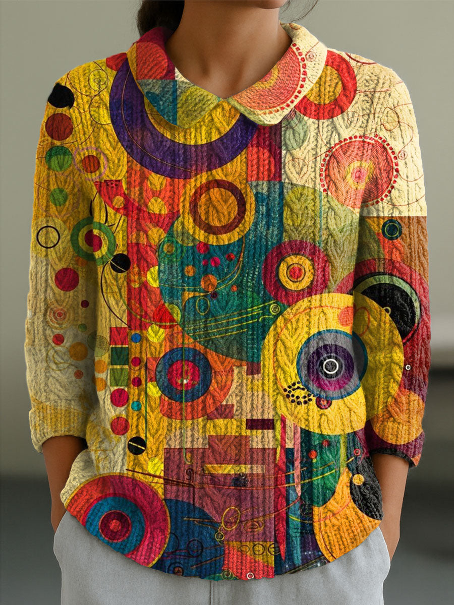 womens-geometric-pattern-art-print-casual-peter-pan-collar-3-4-sleeve-sweater-70sg