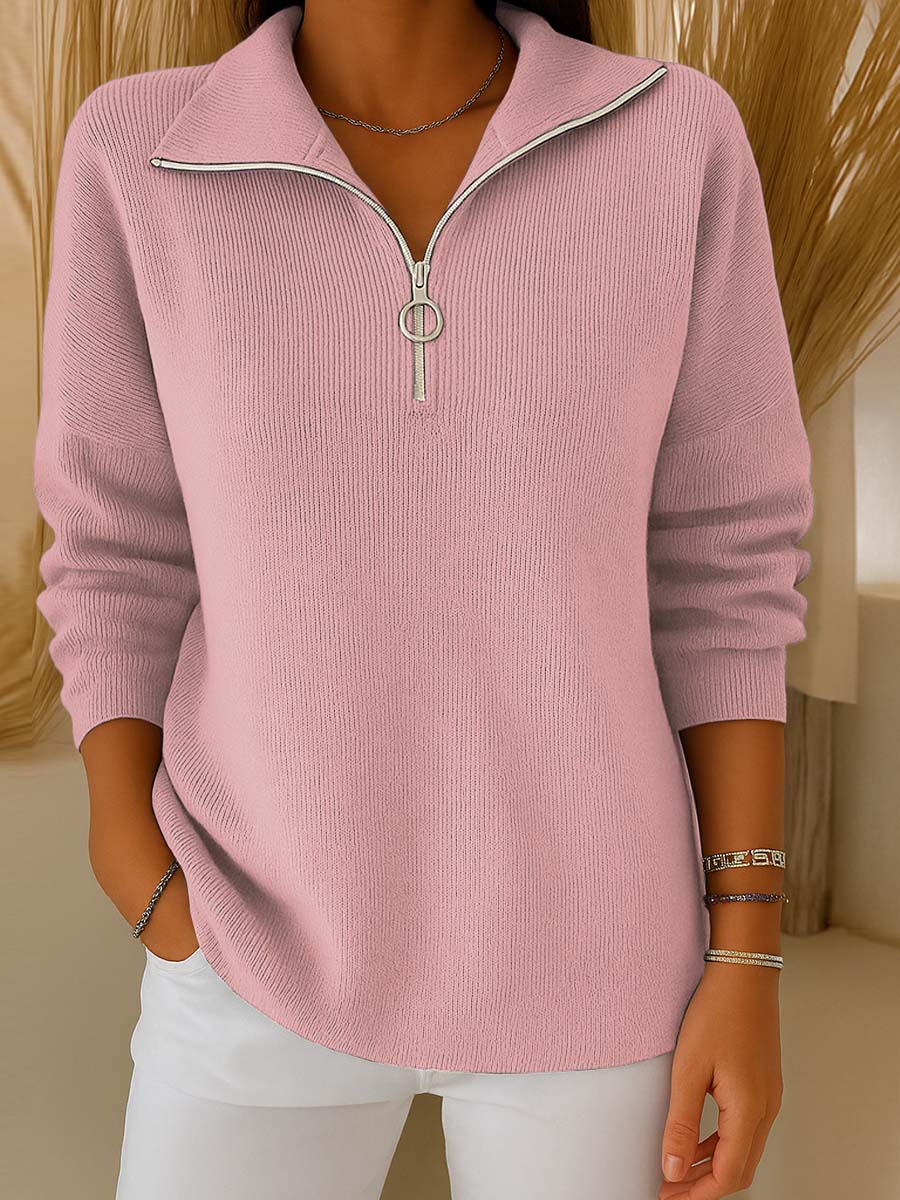 Women's Solid Color Lapel Long Sleeve Casual Pullover Sweater