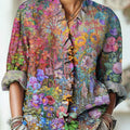 Women's Beautiful Colorful Floral Painting Art Print Casual Cotton And Linen Ruffle Shirt