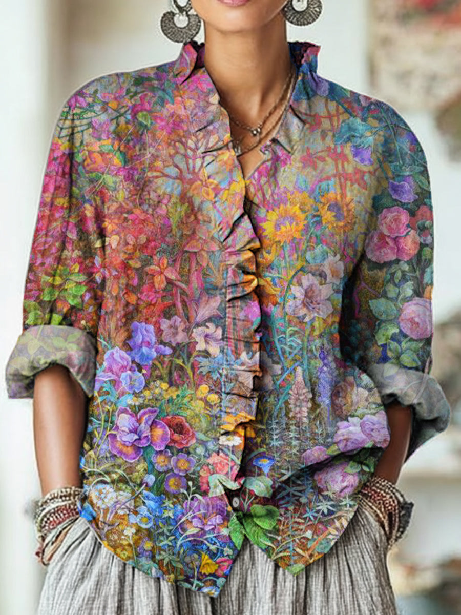 Women's Beautiful Colorful Floral Painting Art Print Casual Cotton And Linen Ruffle Shirt