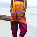 Women's Vintage Flower Art Print Casual 100% Cotton Wide Leg Jumpsuit