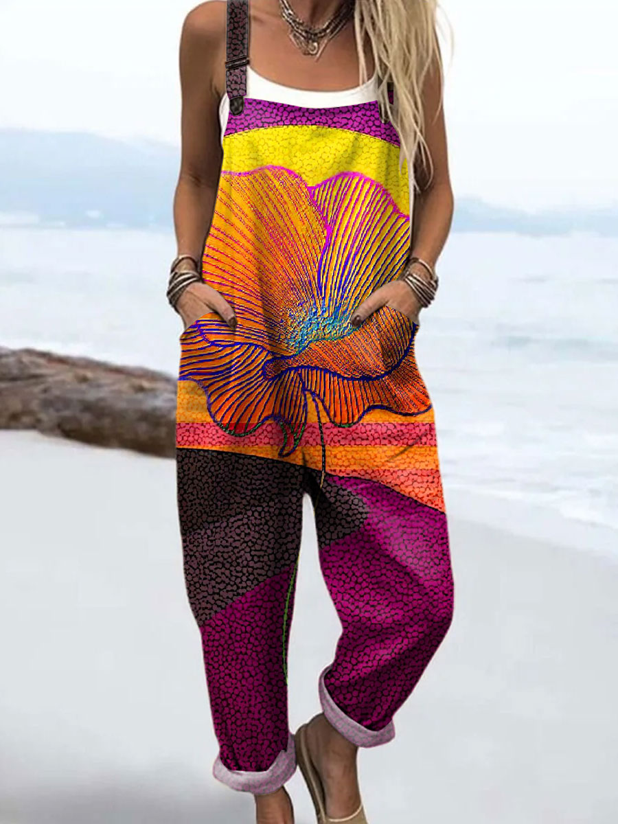 Women's Vintage Flower Art Print Casual 100% Cotton Wide Leg Jumpsuit