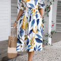 Blue Plants Print Half Sleeve Round Neck Dress