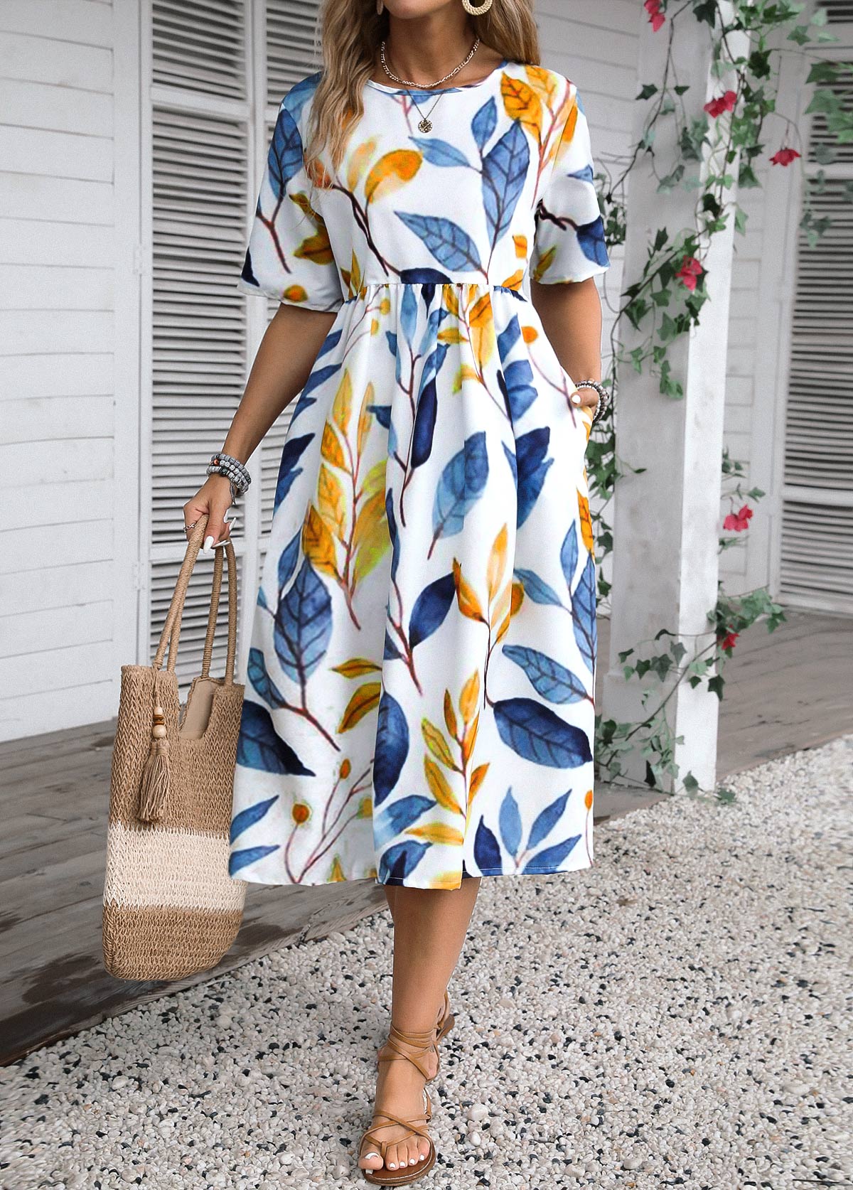 Blue Plants Print Half Sleeve Round Neck Dress