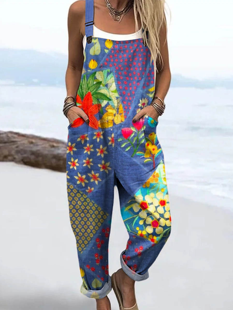 Women's Vintage Floral Patchwork Print Casual 100% Cotton Wide Leg Jumpsuit