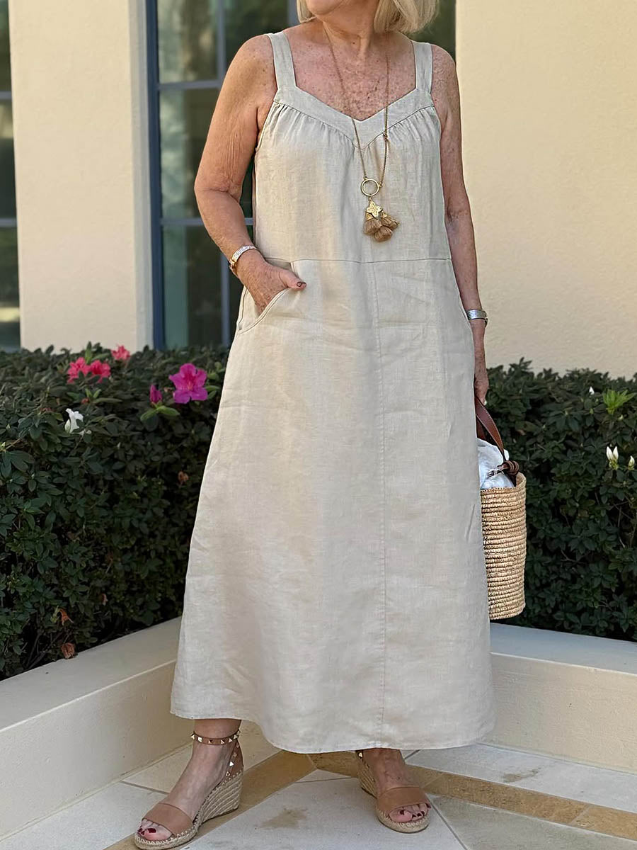 Women's Solid Color V-Neck Sleeveless Casual Linen Suspender Dress