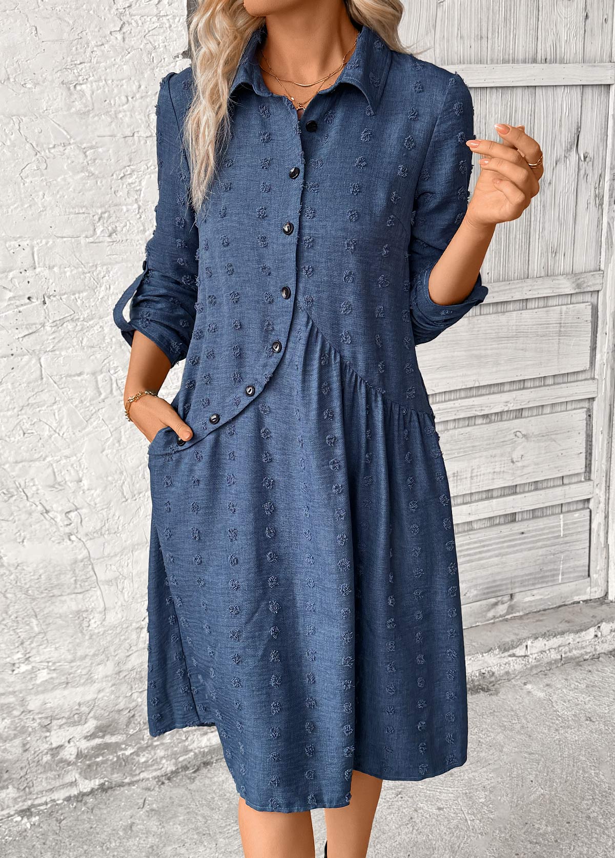 Denim Blue Patchwork A Line Long Sleeve Dress