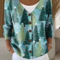 Christmas Tree Print Buttoned V-neck Cardigan Sweater