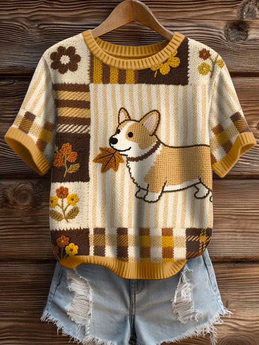 womens-maple-leaf-corgi-print-casual-crew-neck-short-sleeve-knitted-sweater
