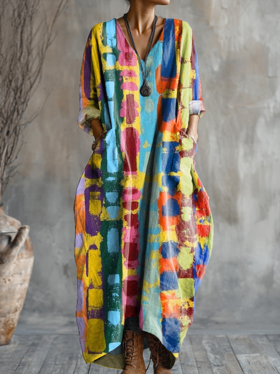 Women's Abstract Multicolor Block Graffiti Painting Art Print Pocket V-neck Cotton Dress