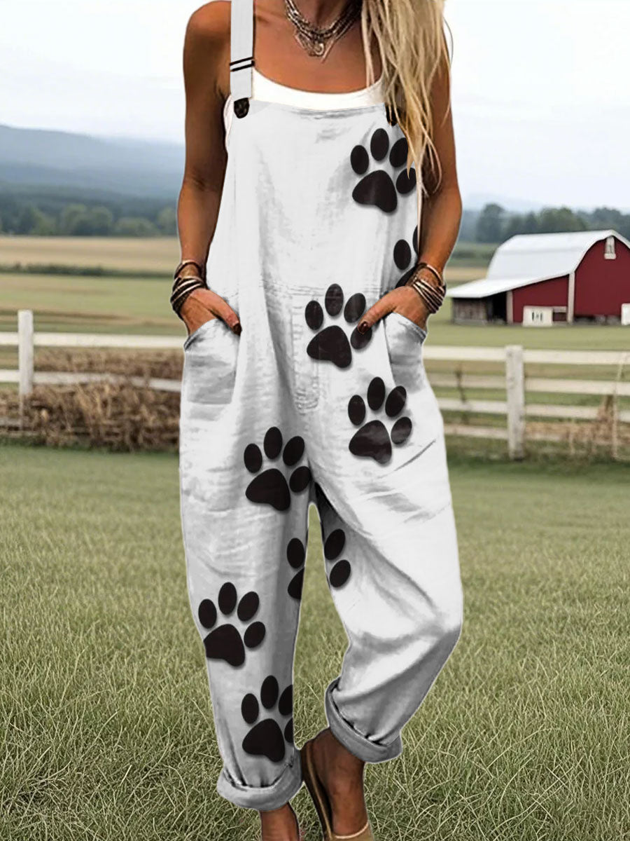 Women's Abstract Paw Print Art Print Casual 100% Cotton Wide Leg Jumpsuit