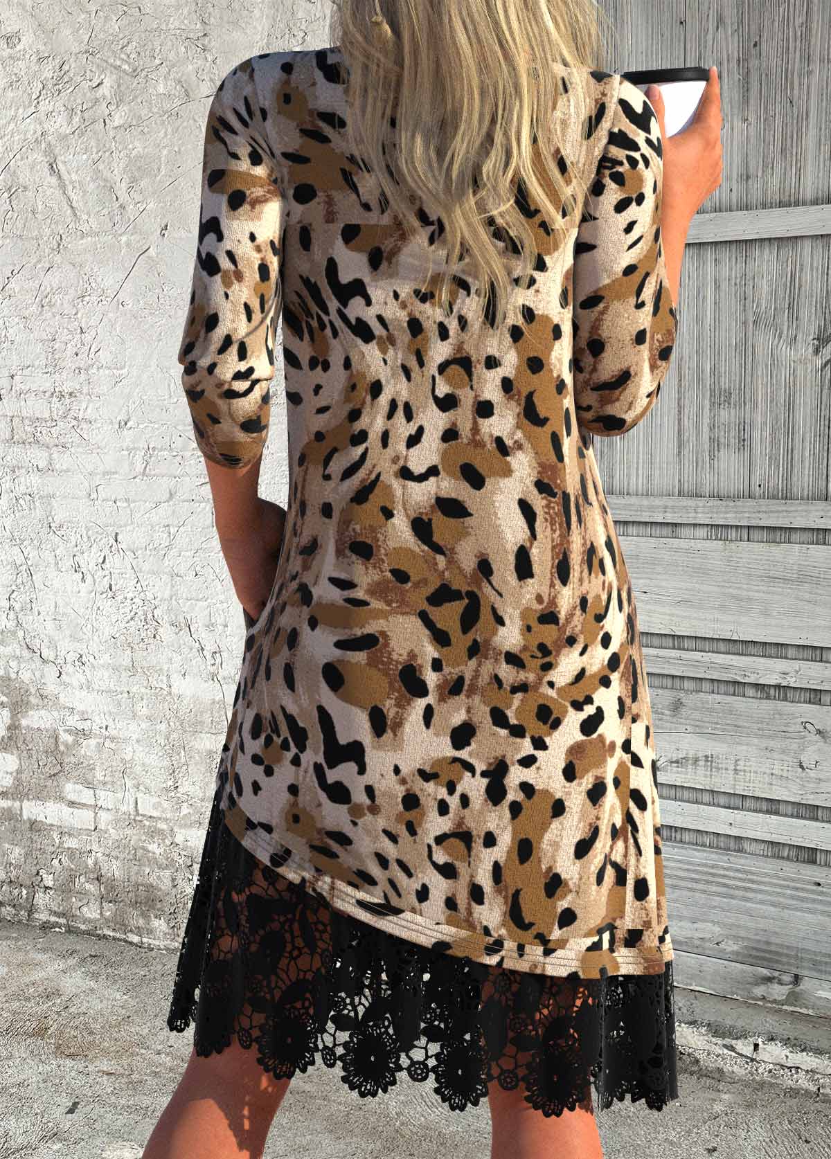 Dark Coffee Patchwork Leopard A Line Long Sleeve Dress