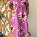 Women's Retro Print V-Neck 3/4 Sleeve Casual Loose Cotton and Linen Dress