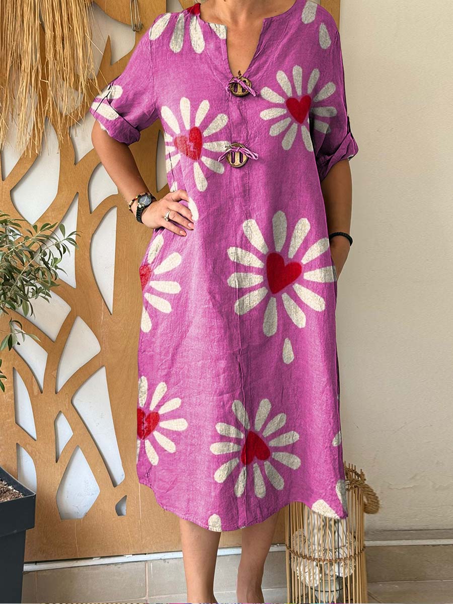 Women's Retro Print V-Neck 3/4 Sleeve Casual Loose Cotton and Linen Dress