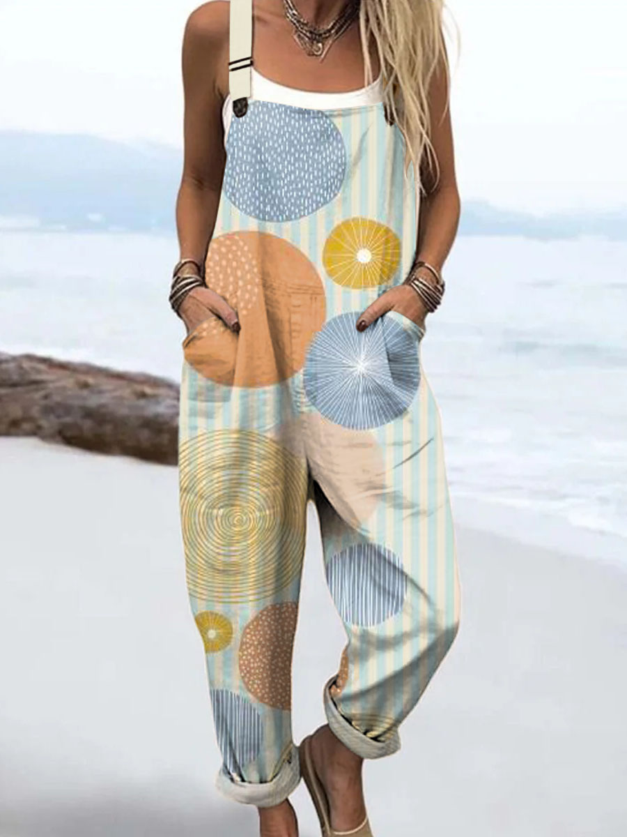 Women's Geometric Pattern Art Print Casual 100% Cotton Wide Leg Jumpsuit