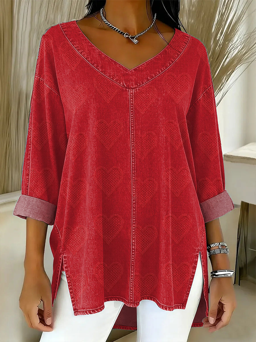 Women's Valentine's Day Retro Heart Art Art Patterns Casual Washed Denim Cotton Top