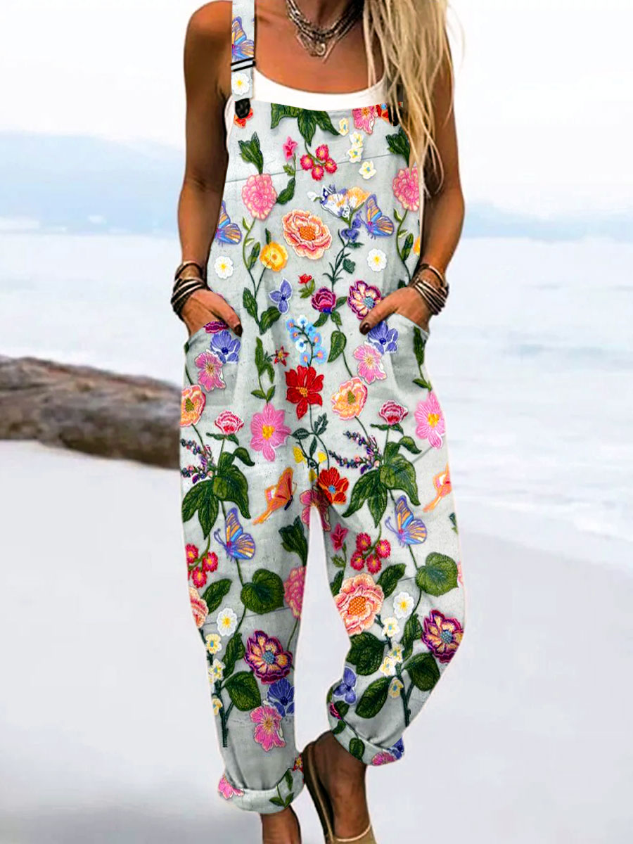 Women's Vintage Flower Art Print Casual 100% Cotton Wide Leg Jumpsuit