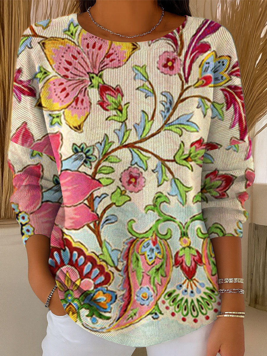 womens-vintage-flower-art-print-casual-pullover-sweater-ofcc