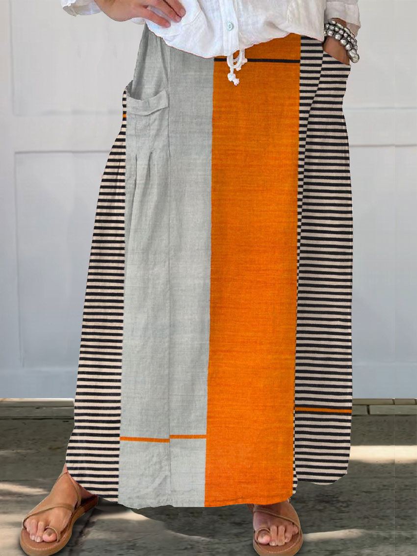 Women's Vintage Abstract Geometric Art Print   Linen Pocket Skirt