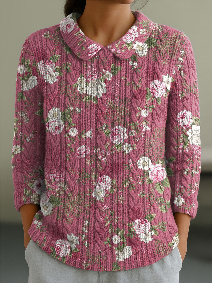 womens-vintage-floral-art-print-casual-peter-pan-collar-3-4-sleeve-sweater-bn4u