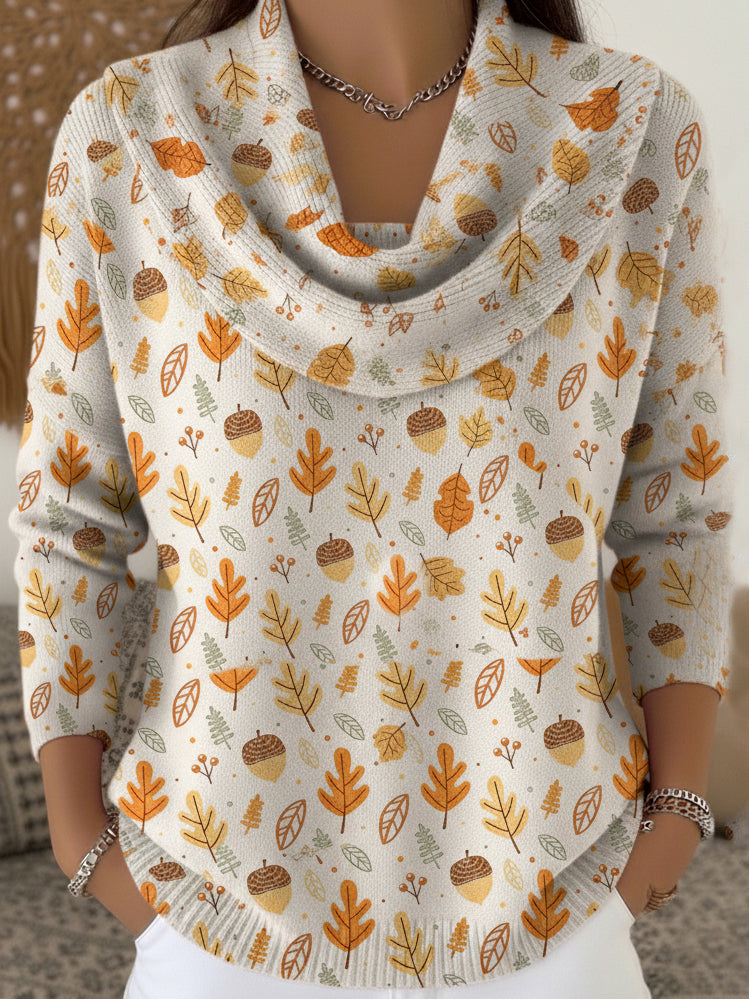 Autumn and Winter Forest Pine Cone Print Turtleneck Sweater Top