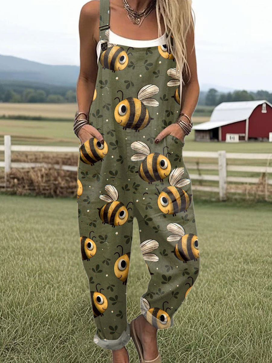 Women's  Funny Bee Art Print Casual 100% Cotton Wide Leg Jumpsuit