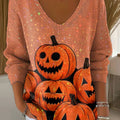 Women's Halloween Pumpkin Pattern Print Casual Pullover Sweater