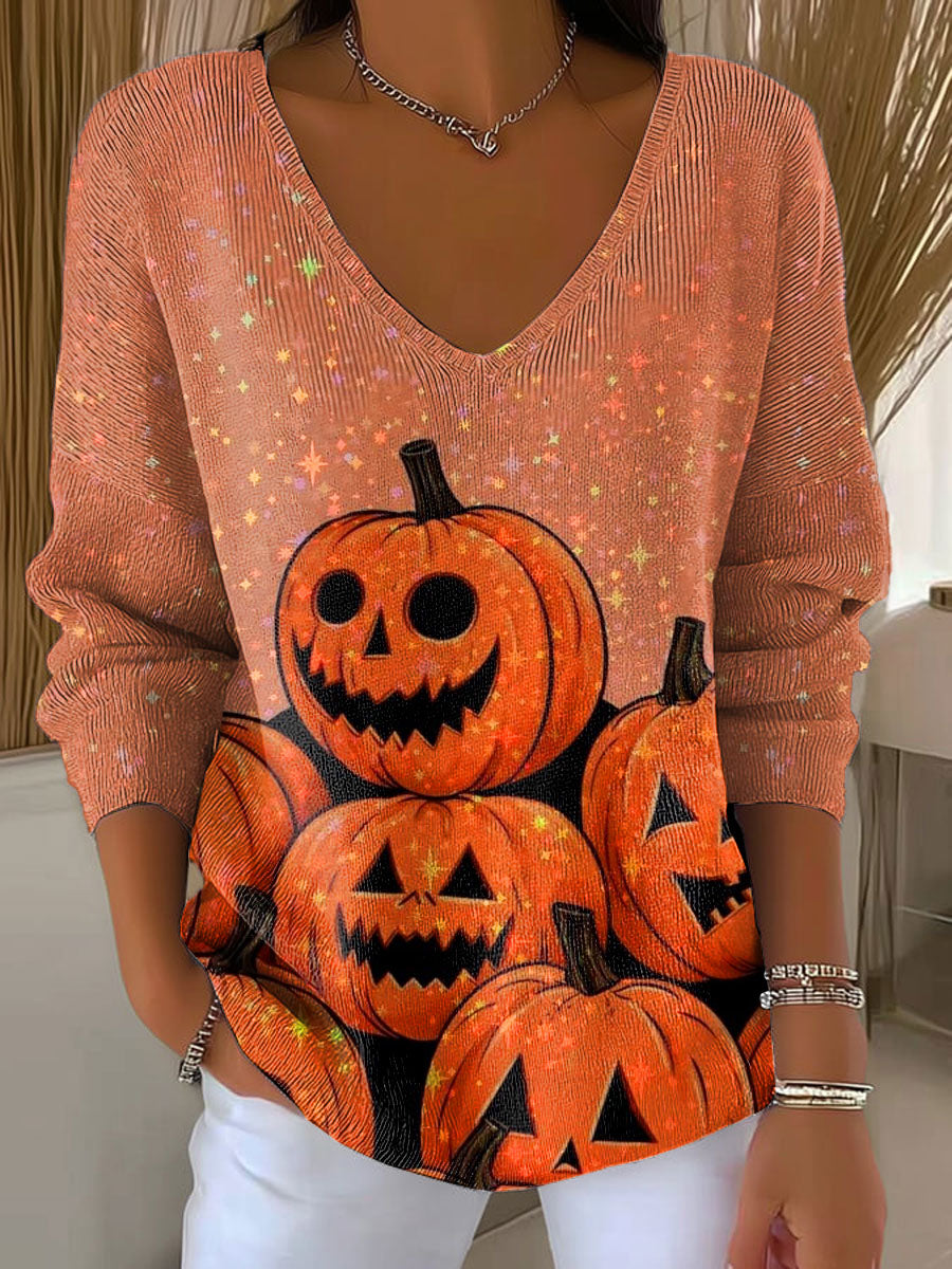 Women's Halloween Pumpkin Pattern Print Casual Pullover Sweater