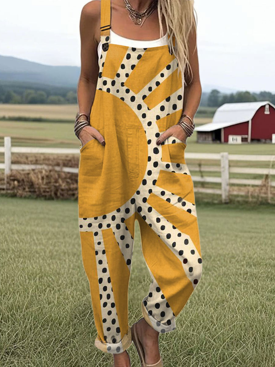 Women's  Vintage Abstract Geometric Art Print Casual 100% Cotton Wide Leg Jumpsuit