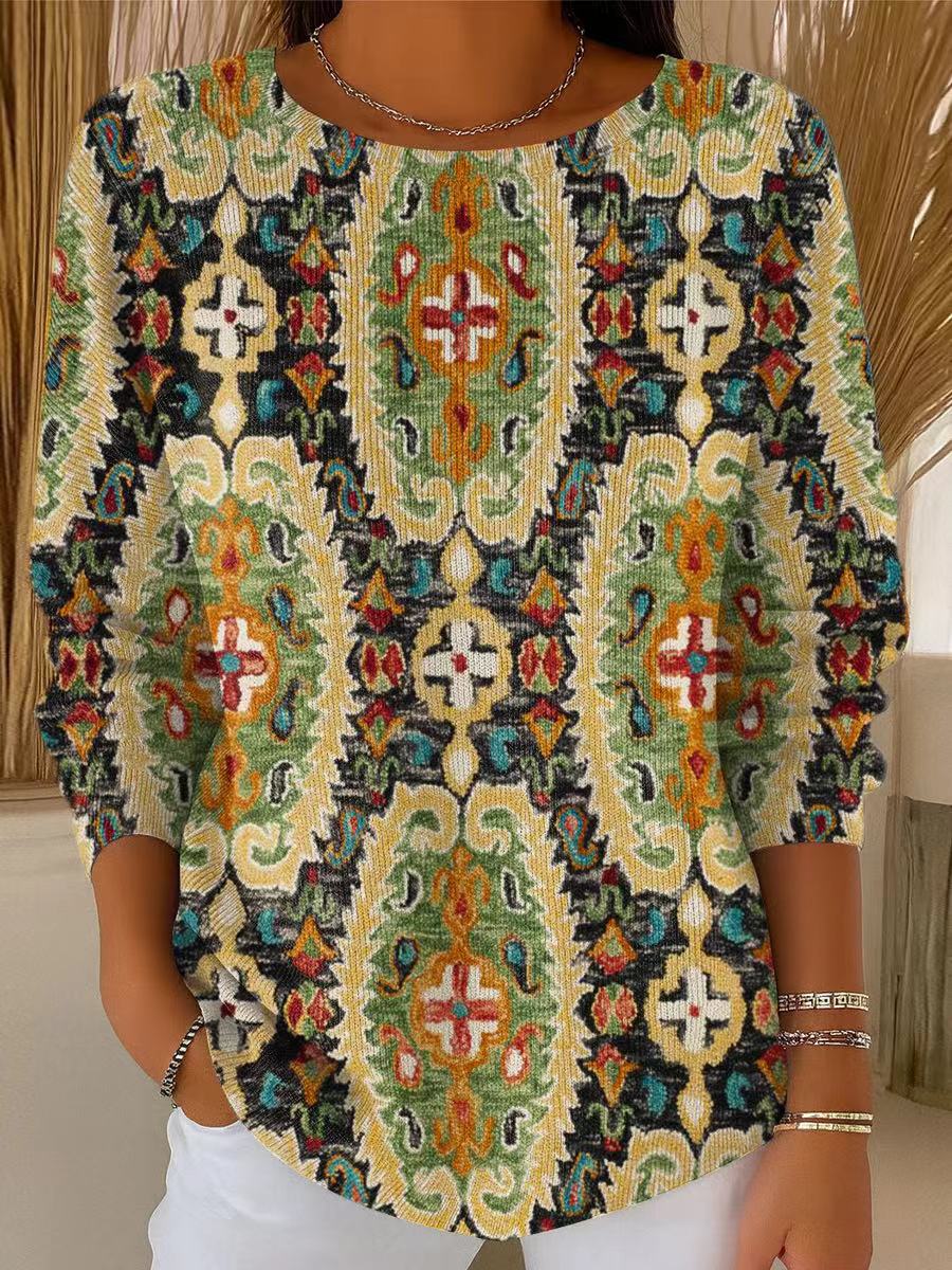 Women's Vintage Ethnic Geometric Painting Art Print Casual Pullover Sweater