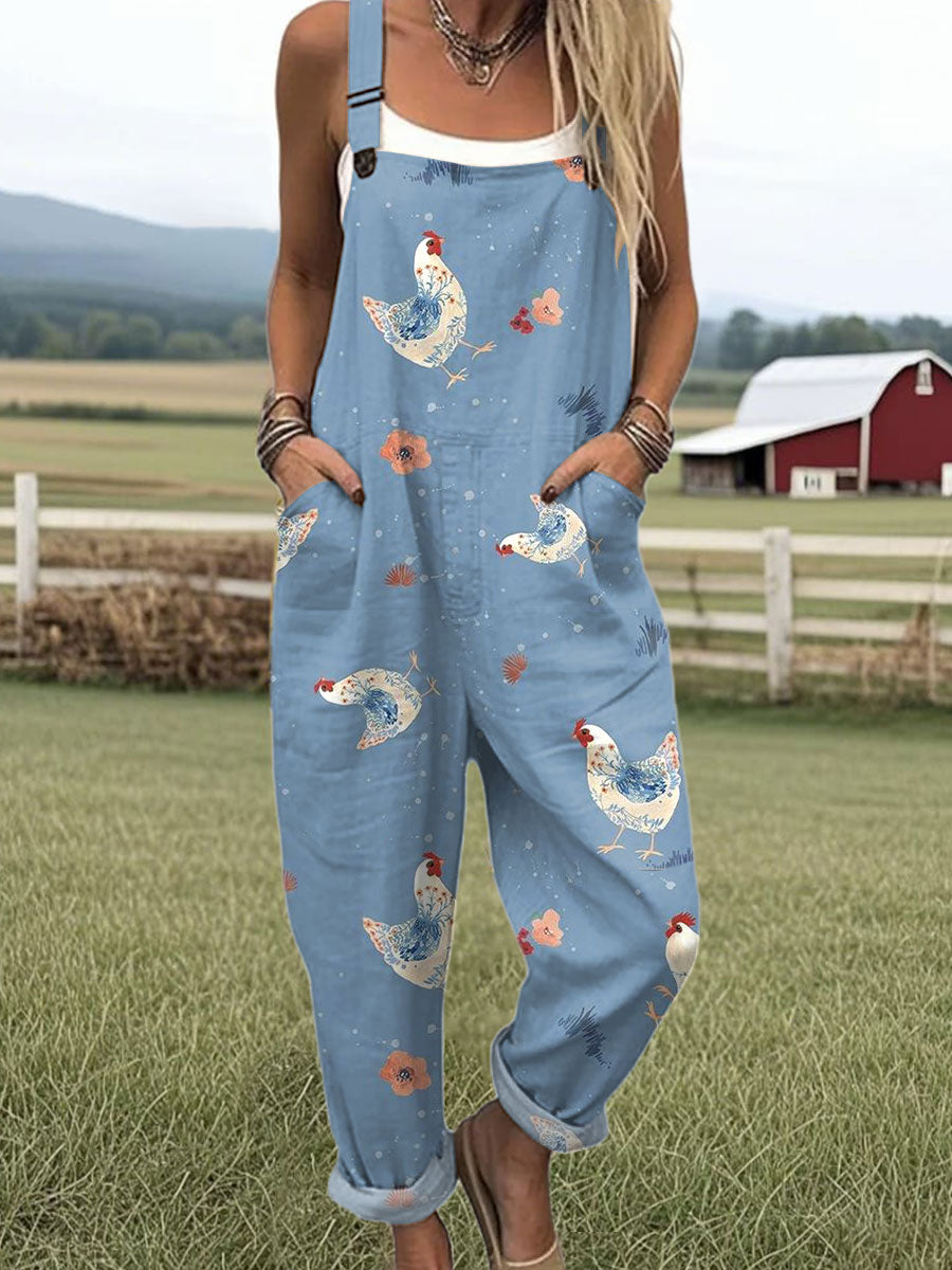 Women's Farm Chicken Art Print Casual 100% Cotton Wide Leg Jumpsuit