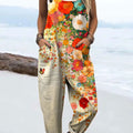 Women's Vintage Flower Art Print Casual 100% Cotton Wide Leg Jumpsuit