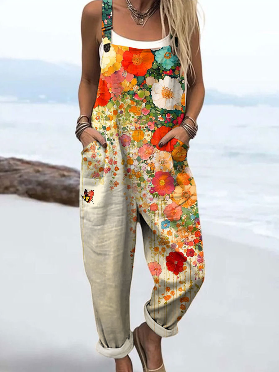 Women's Vintage Flower Art Print Casual 100% Cotton Wide Leg Jumpsuit