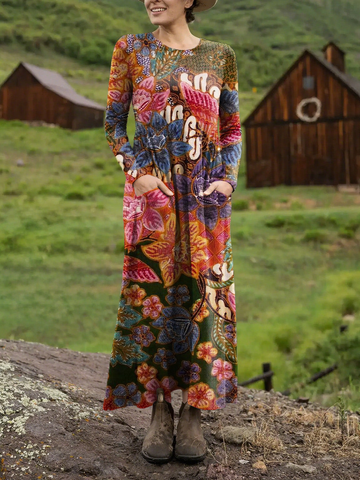 Women's Beautiful Large Ethnic Floral Art Print Long-sleeved Dress