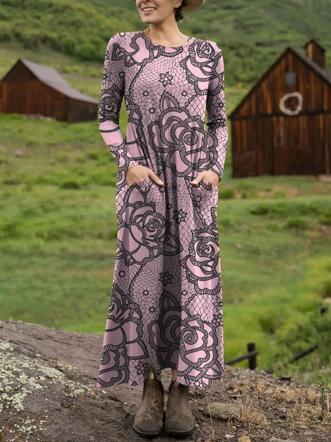 Women's Vintage Lace Flower  Art Printed Long-sleeved Casual Dress