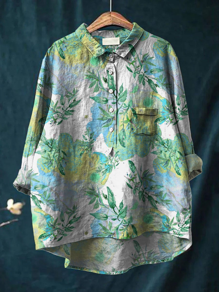 Women's  Flower Print Casual Cotton And Linen Shirt