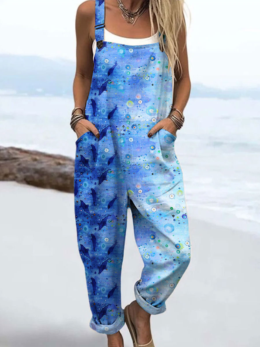 Women's Vintage Blue Ocean Art Print Casual 100% Cotton Wide Leg Jumpsuit