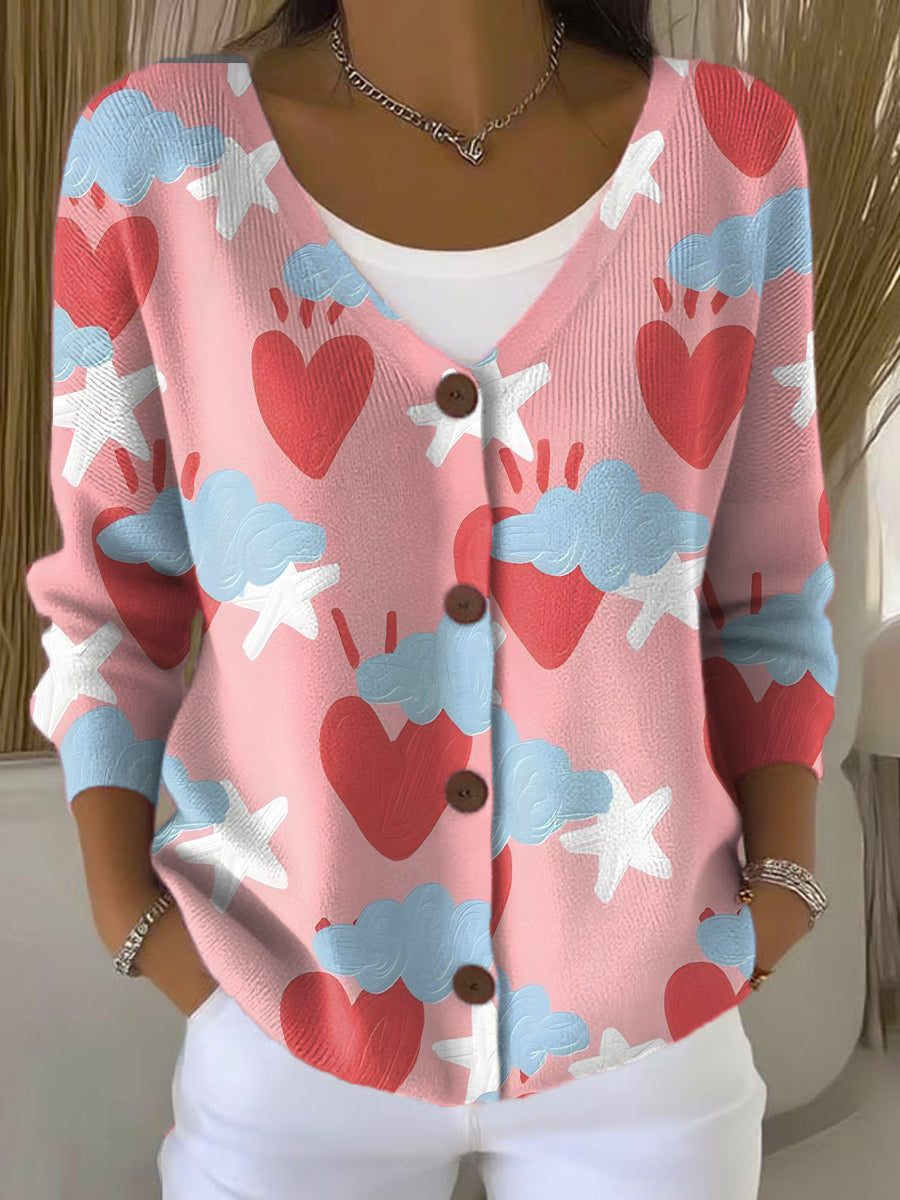 Love Clouds Stars Print Buttoned V-neck Cardigan Sweater
