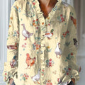 Women's Lovely Garden Animals Pattern Art Print Casual Cotton And Linen Ruffle Shirt