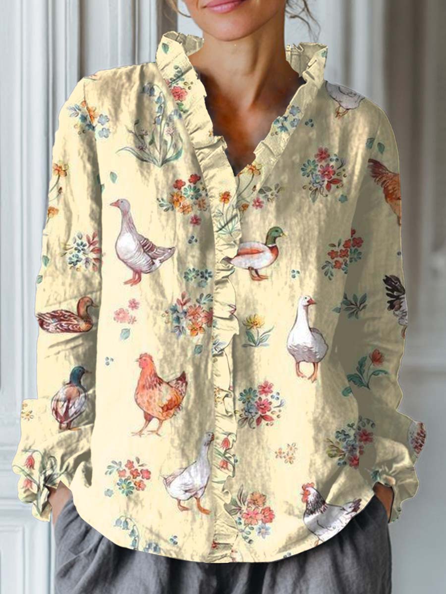 Women's Lovely Garden Animals Pattern Art Print Casual Cotton And Linen Ruffle Shirt