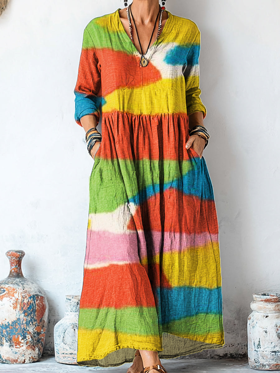 Women's Beautiful Abstract Colorful Graffiti Painting Art Print Linen Pocket Tunic Dress