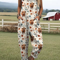 Women's Highland Cow Print Casual Cotton Wide Leg Jumpsuit