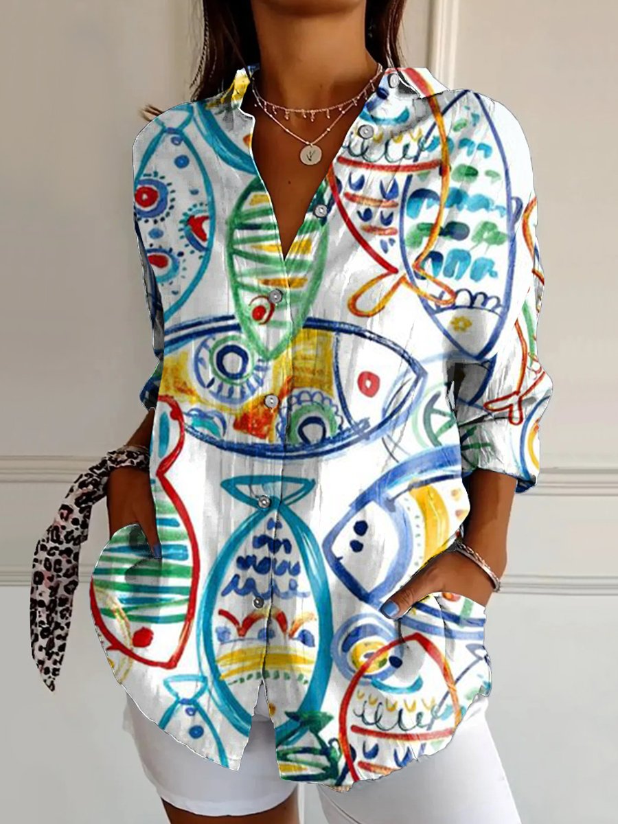 Women's Fish Print Casual Cotton Shirt